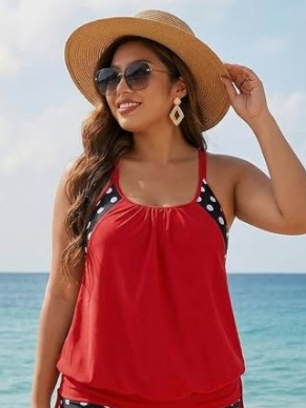 Holipick Red Tankini Top with Black & White Polka Dot Accents